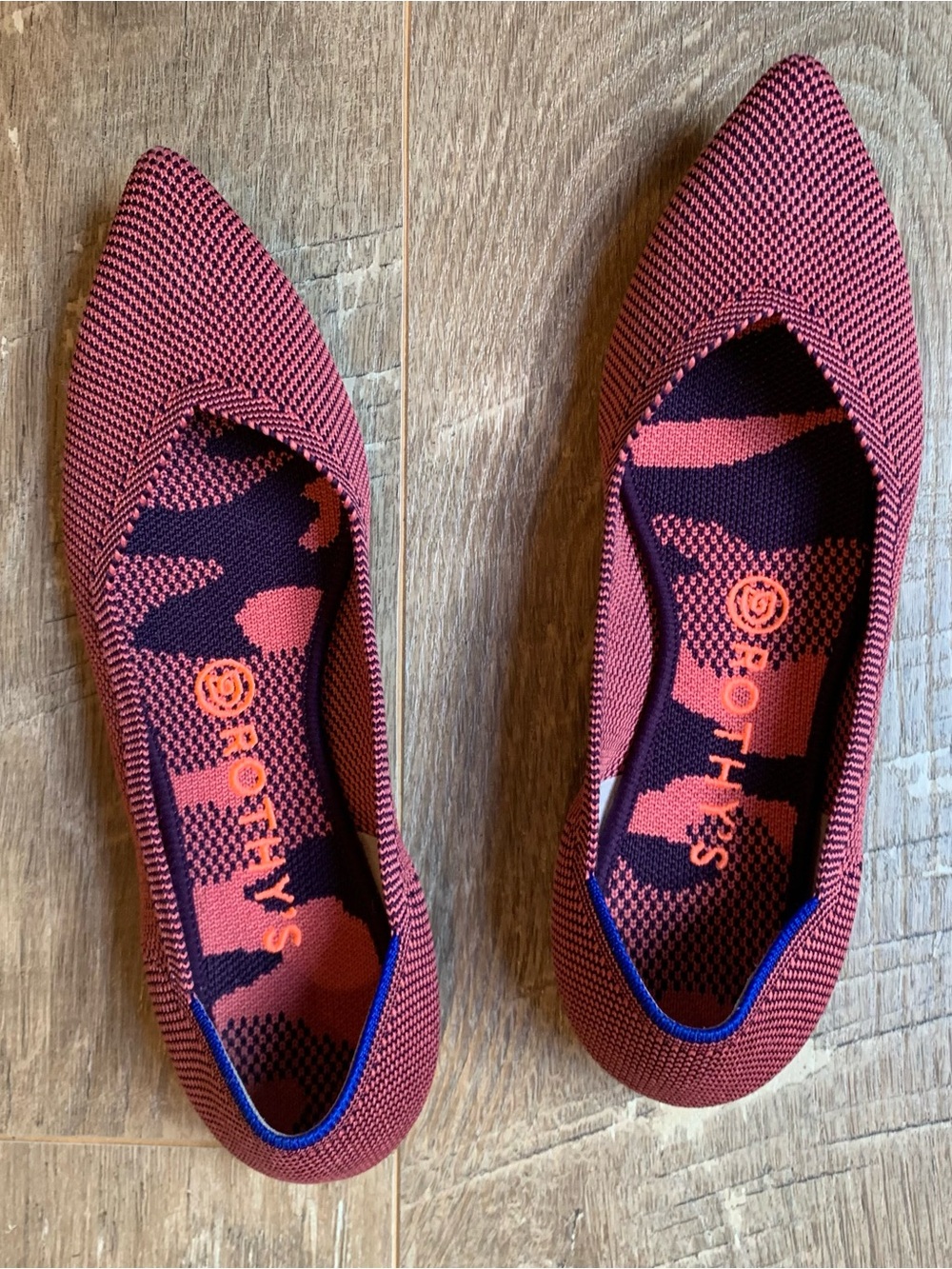 Rothy's Burgundy Knit Pointed Slip-On Flats with Navy Insole